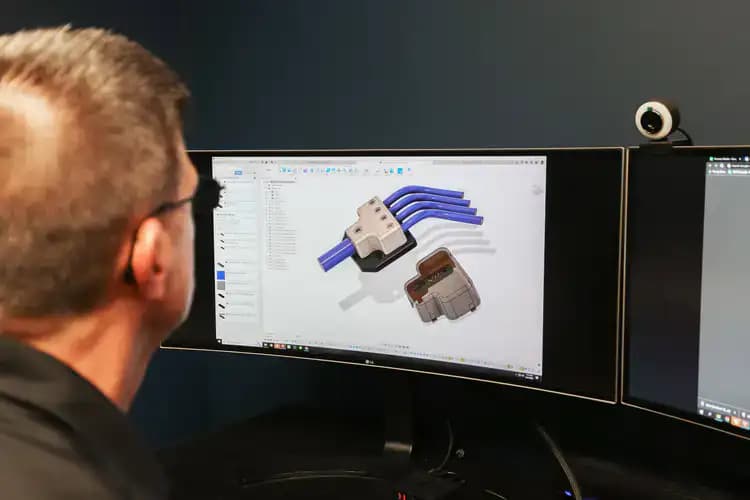 A guy working on a computer modeling parts in a 3d program