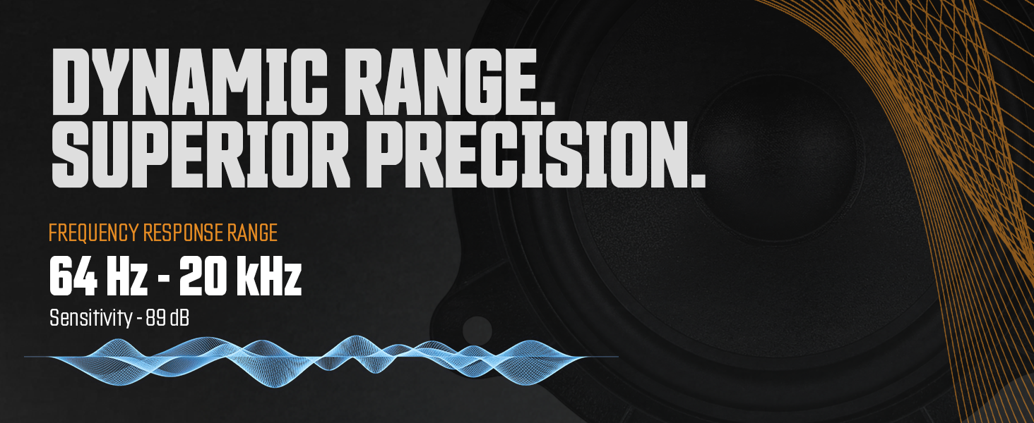 Dynamic Range — 64Hz to 20,000Hz frequency response, 89dB sensitivity
